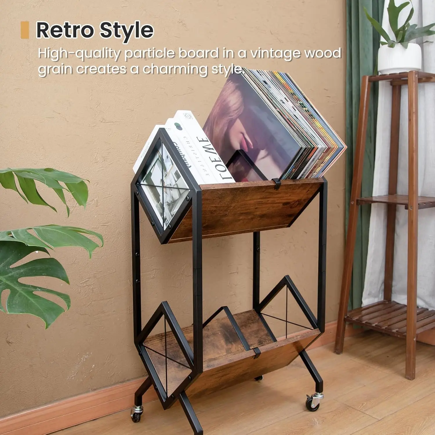 2-Tier Rolling Vinyl Record Storage Rack with Wheels, Holds 160-200 LPs, Retro Style Easy Assembly