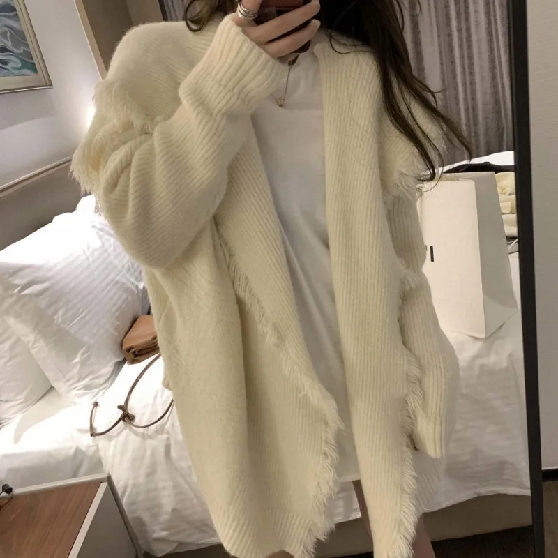 

Autumn and Winter Sweater Woolen Cardigan Polo Neck Tassel Knit Medium Long Versatile Solid Sweater Women Loose Cardigan Female