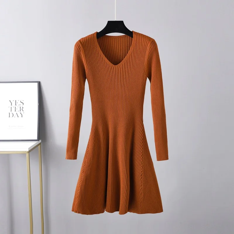 HLBCBG Fashion Sexy Short Knit Mini Dress Women Autumn Winter Dress V Neck Thick Ribbed Party Dress Soft Warm lady Sweater Dress