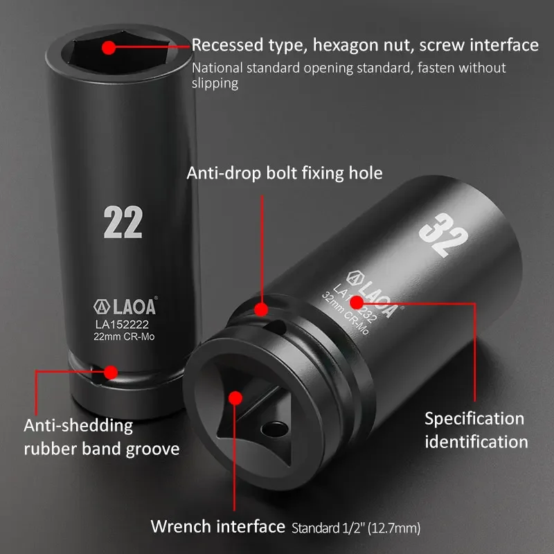 LAOA 1/2 inch Hex Socket Wrench Head 17-32mm Used on Ratchet Wrench Drill Torque Spanner Deep Sleeve for Pneumatic Electric Tool