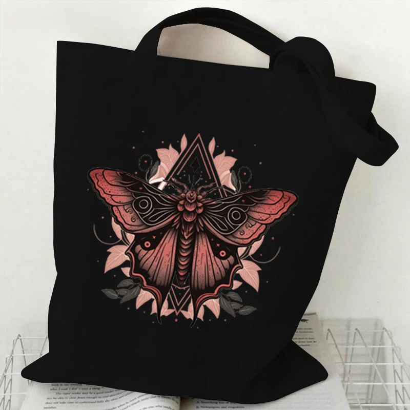 Vintage Gothic Sun Moon Butterfly Print Women Canvas Tote Bag Fashion Casual Shopping Handbag Butterfly Lover Teen Shoulder Bag