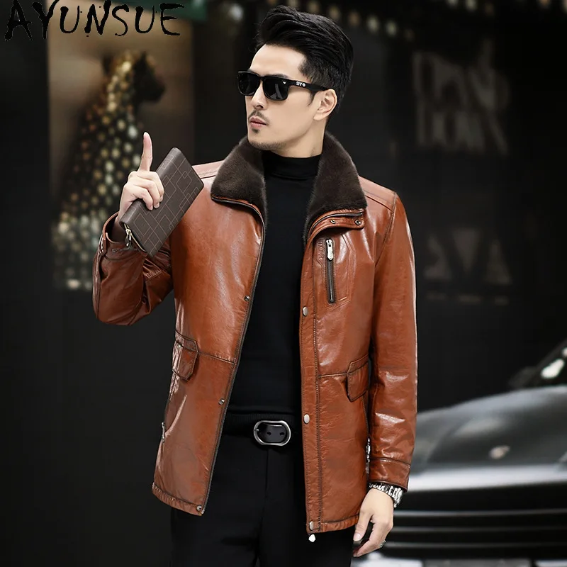 AYUNSUE Winter Genuine Leather Jacket Men Clothing Real Cowhide Mens Jacker Mink Fur Liner Leather Jacket  Abrigos De Cuero