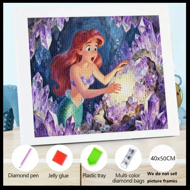 1 szt. Zestaw do samodzielnego wykonania obrazu diamentowego 5D, Mała Syrenka Ariel eksplorująca magiczne kryształowe jaskini, błyszczące podwodne rzeki