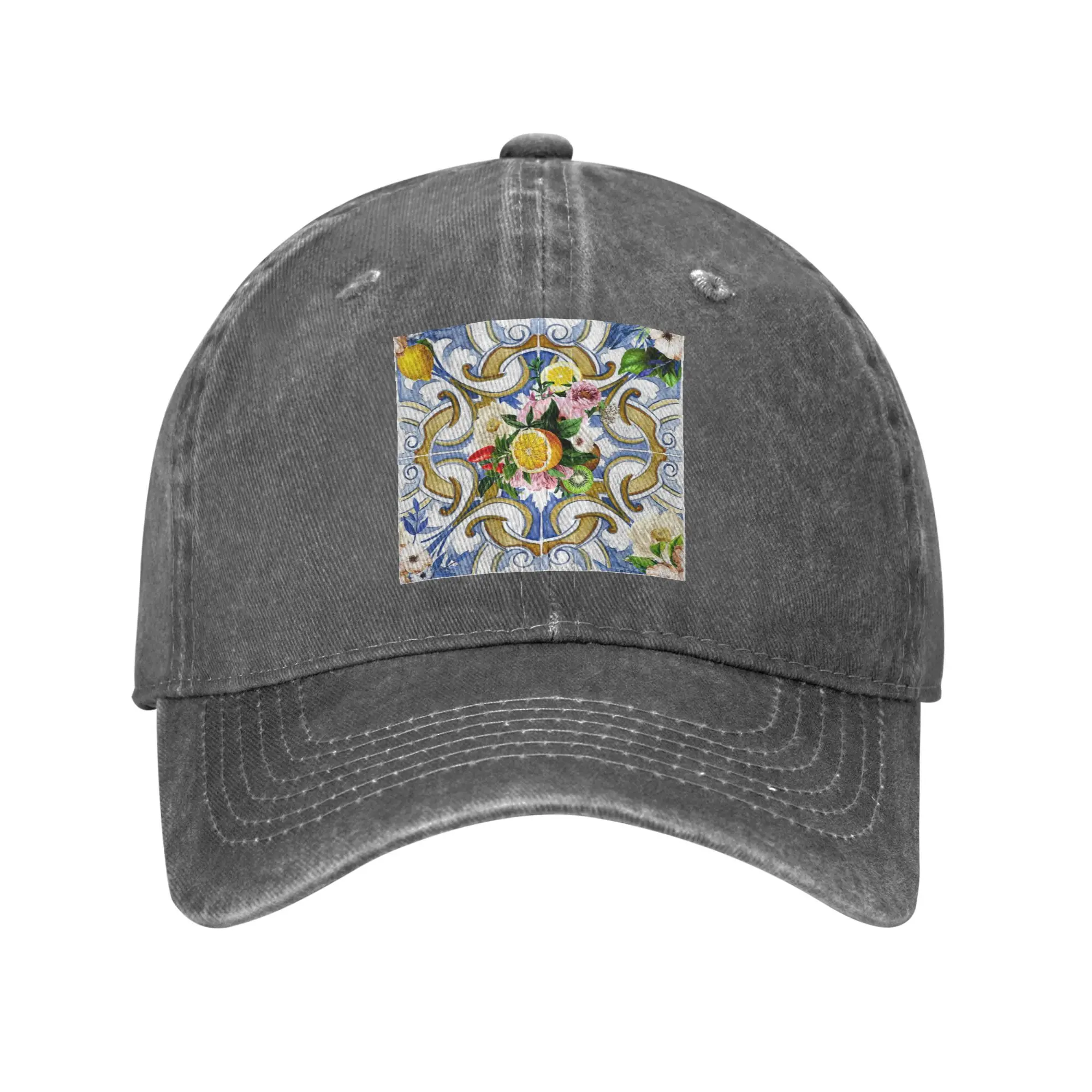 Sicilian Tiles,Mediterranean,Mosaic,Lemons Washed Denim Cap Casual Baseball Caps Adjustable Hat Summer Unisex Baseball Hats