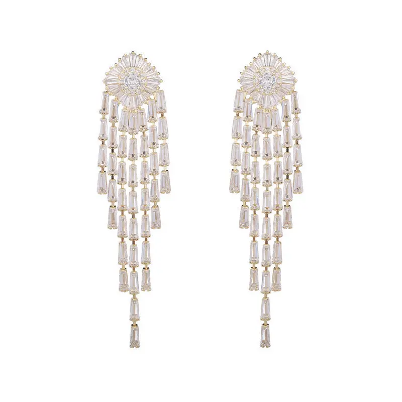 Long Tassel Earring Simulated Zircon Drop Earrings For Women Gift Bijoux Bling Girl Party Jewelry Golden Silver Color Pendent