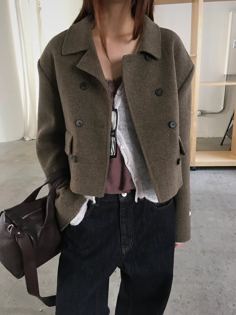 2 farben Retro Elegante Kerbe Kragen Zweireiher Farbe Woolen Mäntel frauen Winter 2026 Neue Strickjacke Tops Weibliche (YL1587