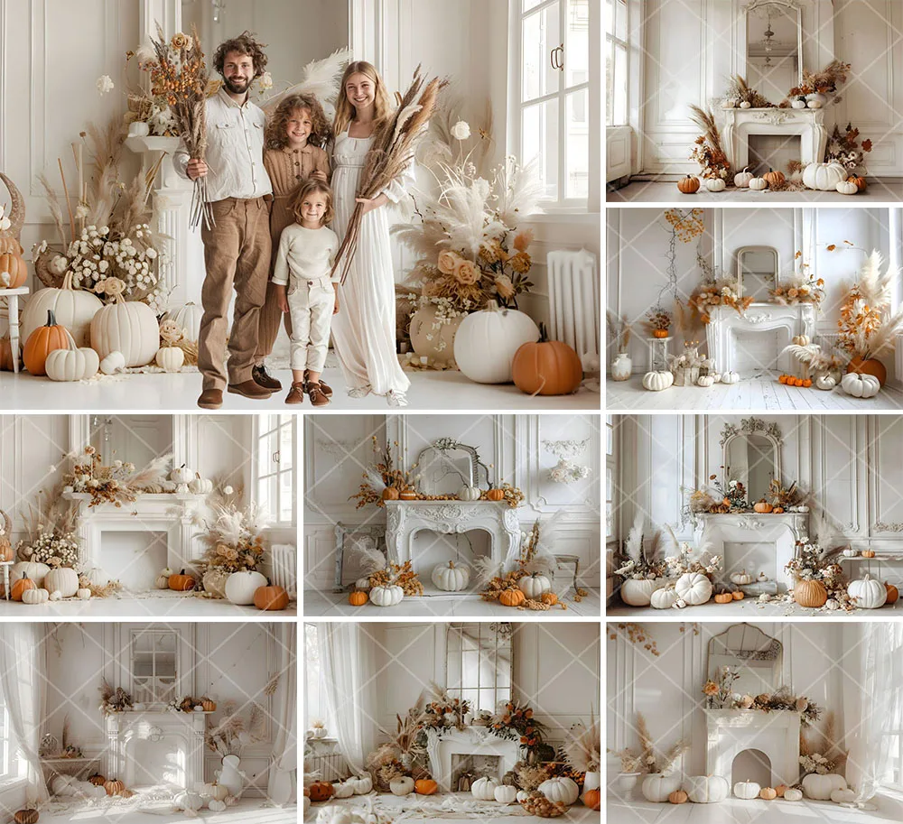 

Mehofond Photography Background Fall Boho White Room Fireplace Pumpkin Kids Family Maternity Portrait Decor Backdrop Photo Studi