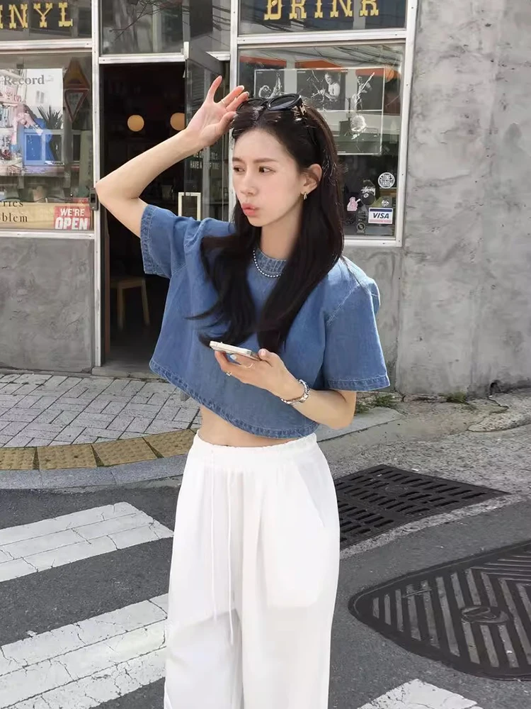 

Loose ort Denim irt Women's Summer New Vintage Belly Button Exposure Versatile Top Faionable Casual round Ne irt