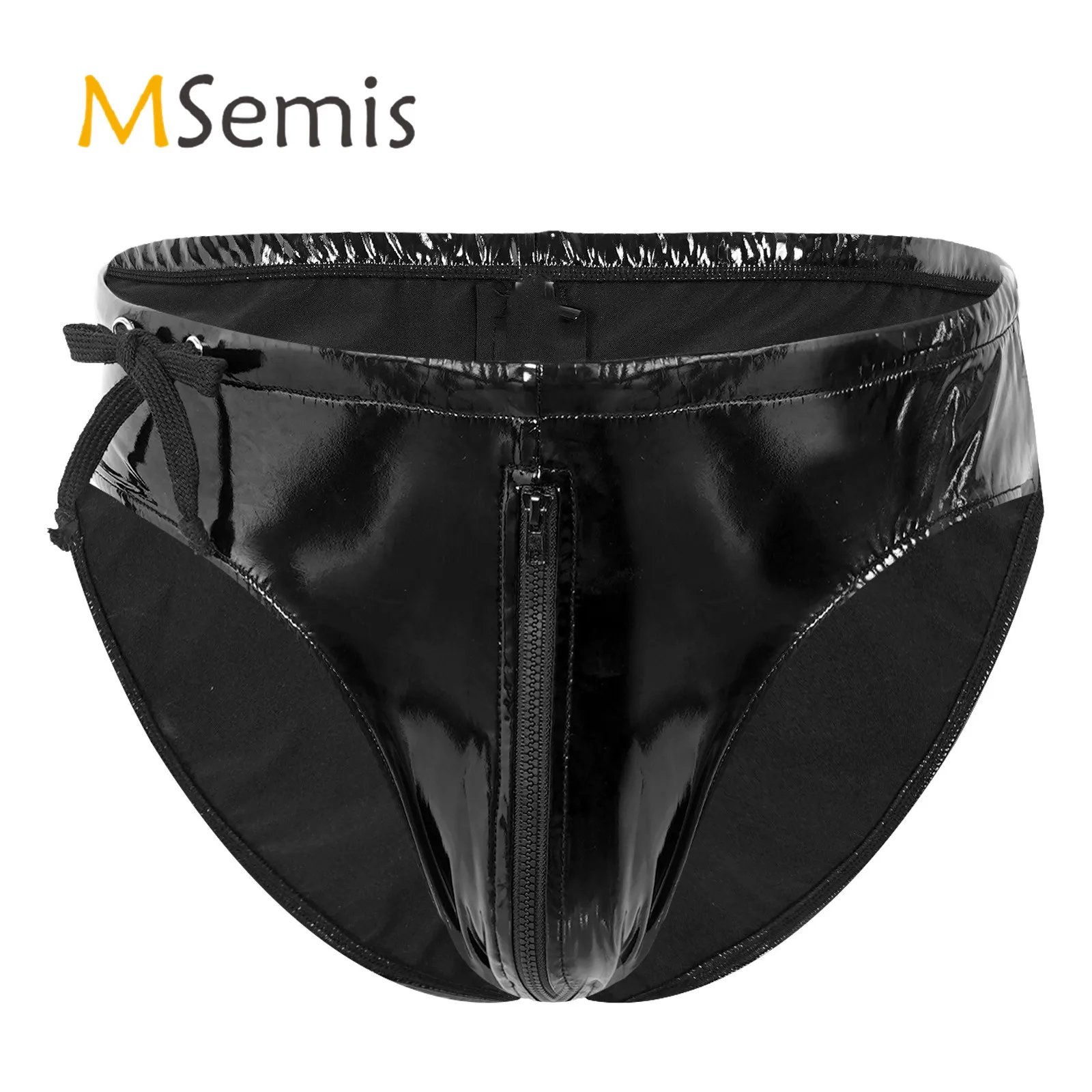 Mens Glossy Drawstring Low Waist Zipper Briefs Panties Wet Look Patent Leather Underpants Underwear Club Stage Show Costume