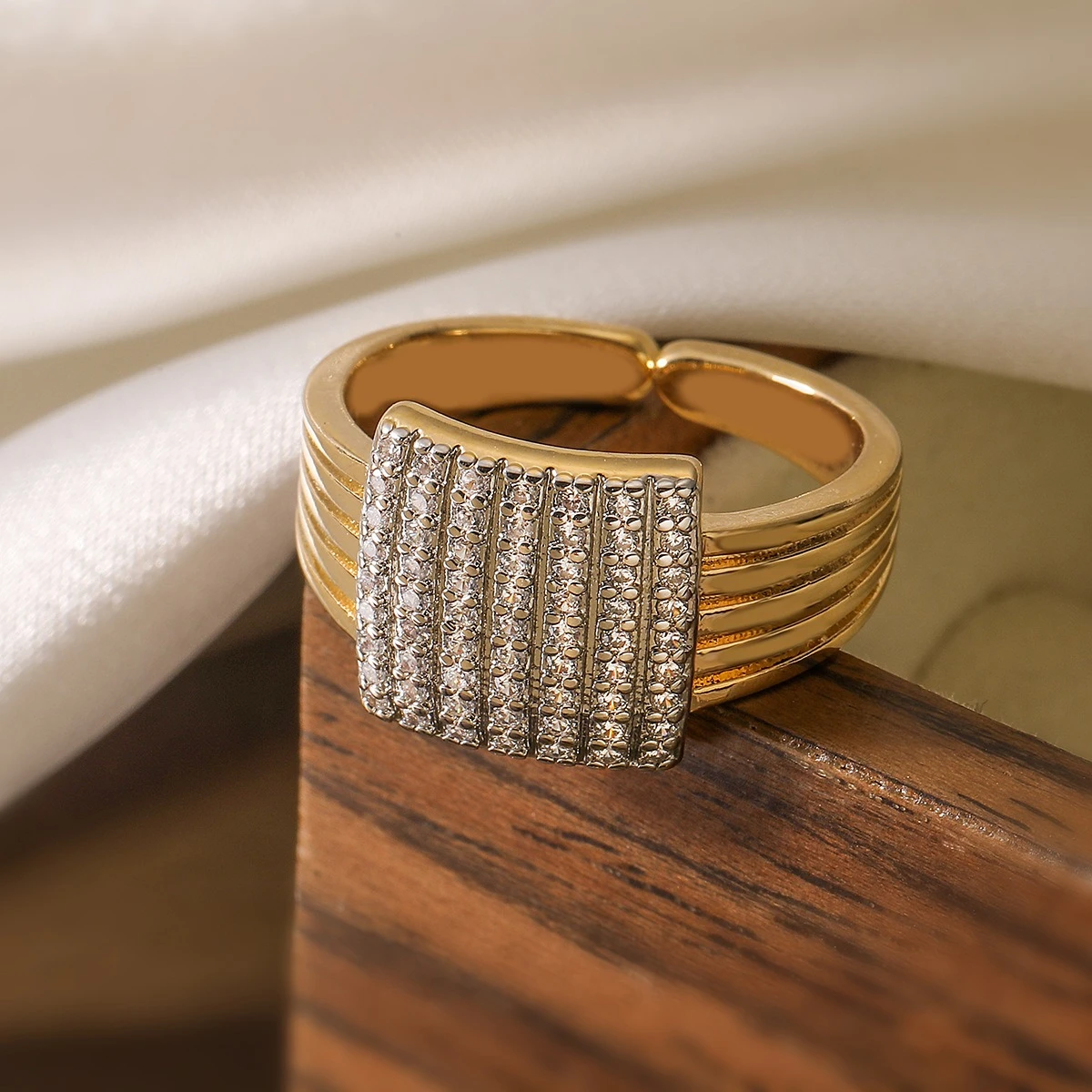 Luxury Copper 14K Gold Plated Zircon Wide Open Adjustable Ring for Women Men Couple Wedding Jewelry Gift