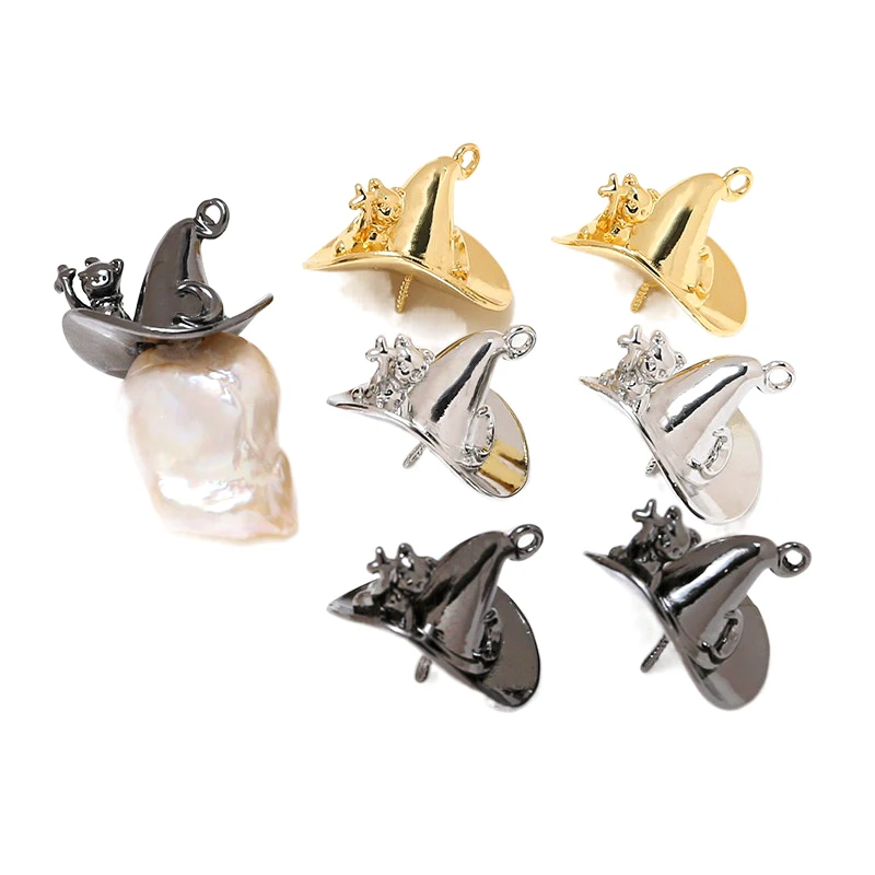 1 piece copper plated real gold fairy witch cat pointed hat pendant DIY hand jewelry baroque pearl pin accessories material