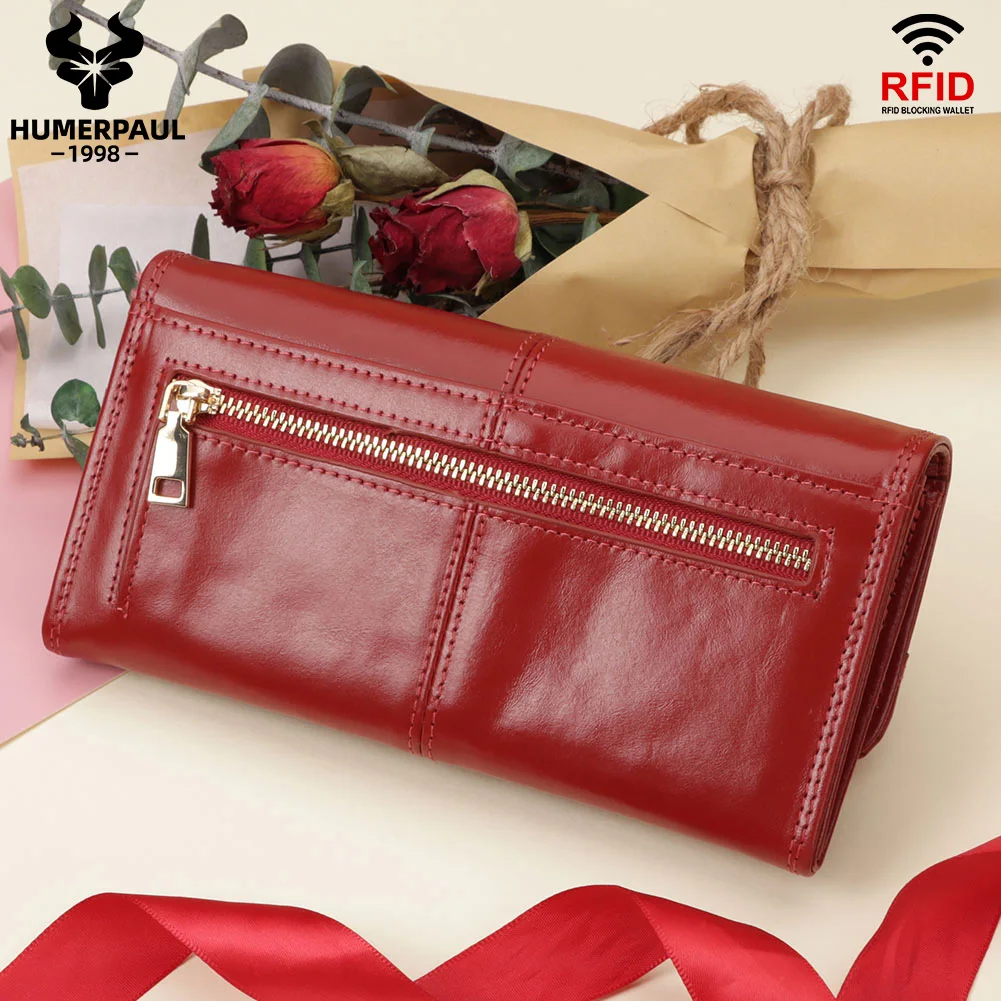 HUMERPAUL Women's Luxury Genuine Leather Clutch Handbag RFID Card Holder Purse with Phone Pocket Fashion Long Wallet for Women