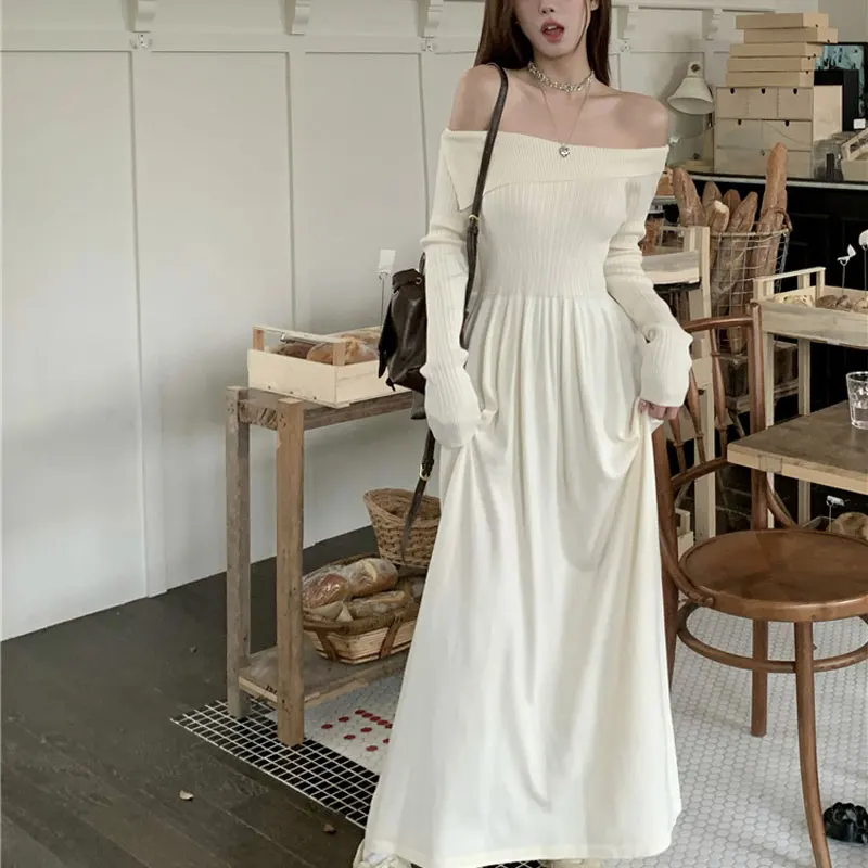 Slash Neck Elegant Long Dress Female Clothing Knitted Solid Color 2024 Autumn Basic Aura Long Sleeve Casual A-Line Waist Dresses