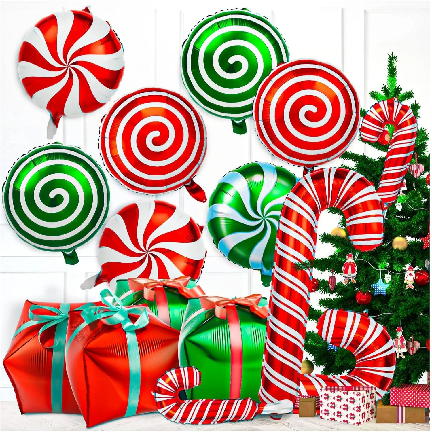 16Pcs Christmas Foil Balloons Large Candy Cane Balloons with Ribbons Red Green Balloons for Christmas Party Decorations