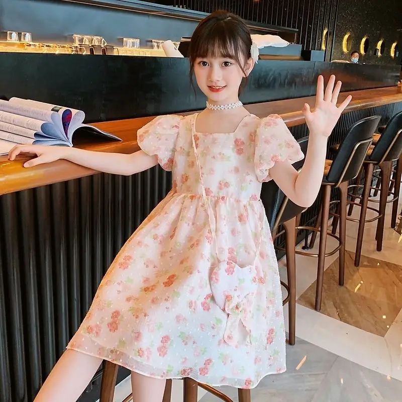 Beautiful Baby 2023 New Girls' Dress Summer Middle Big Girls' Princess Dress Girls' Casual Foreign Refreshing Floral Dress 12+y