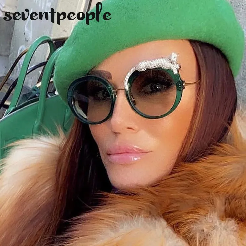 Runde Sonnenbrille Frauen Luxus Designer Kristall Leopard-Shaped Sun Gläser für Weibliche Mode Anti Blau Licht Brillen Damen – Detail 3