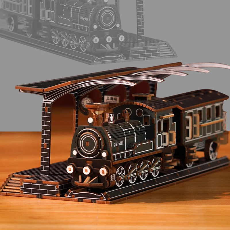 

3D Wooden Car Puzzle Retro Steam Train Shanghai Station Engineering Vehicle Model DIY Assembly Kits Toys for Children Kids Gift