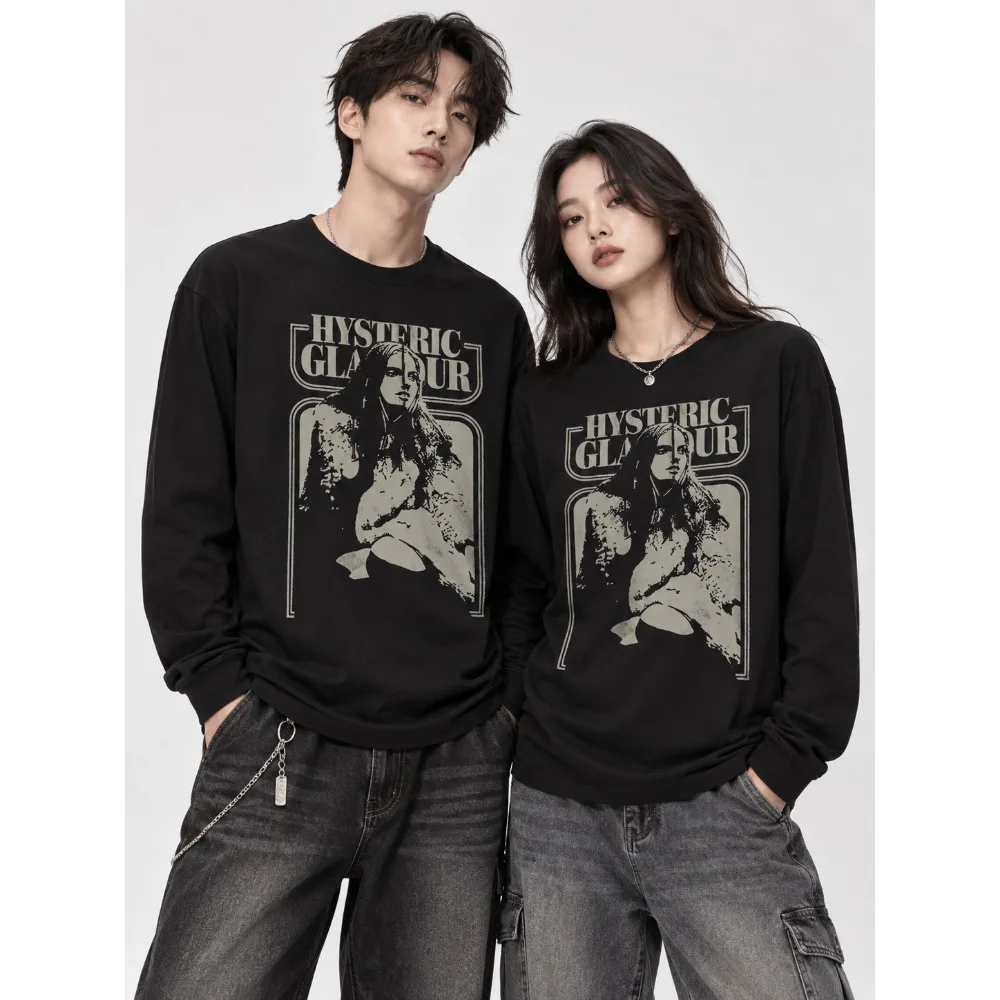Hysterical Charm Printed Long Sleeve 2026 Couple Neutral Street Sportswear Street Casual New Loose Breathable Top