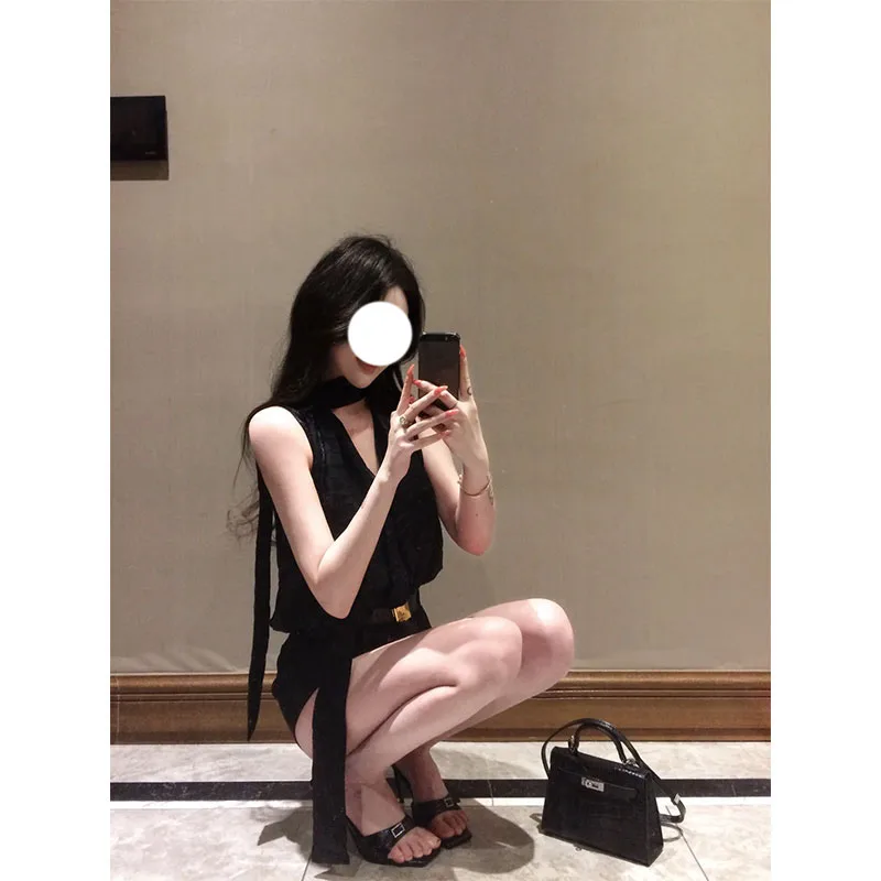 

Elegant V-Neck Sleeveless Vest Top with Sash High Waist Shorts Women's Fashion Spring Summer Outfit Slimming Trendy Set
