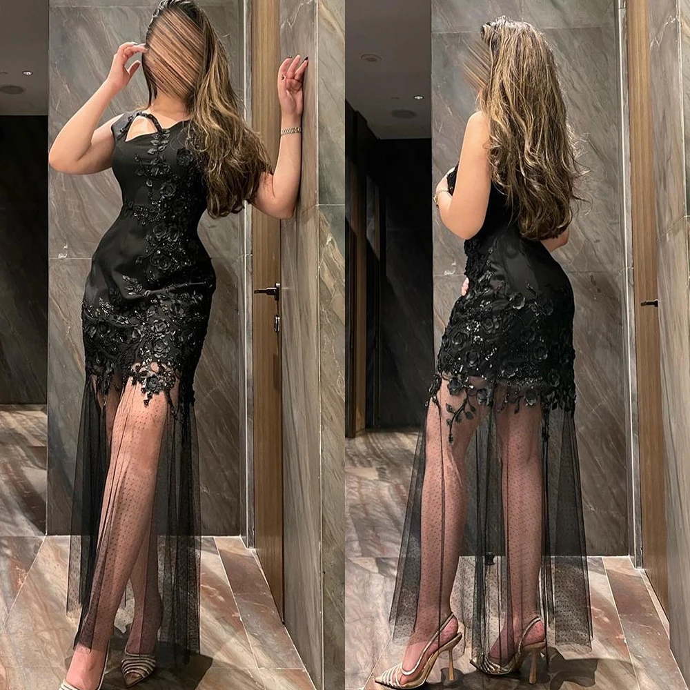 

Retro Black Appliques Sexy Dress mesh lower hem One-shoulder Jersey Pleat Formal Gown Illusion lace Applique Evening Party Dress