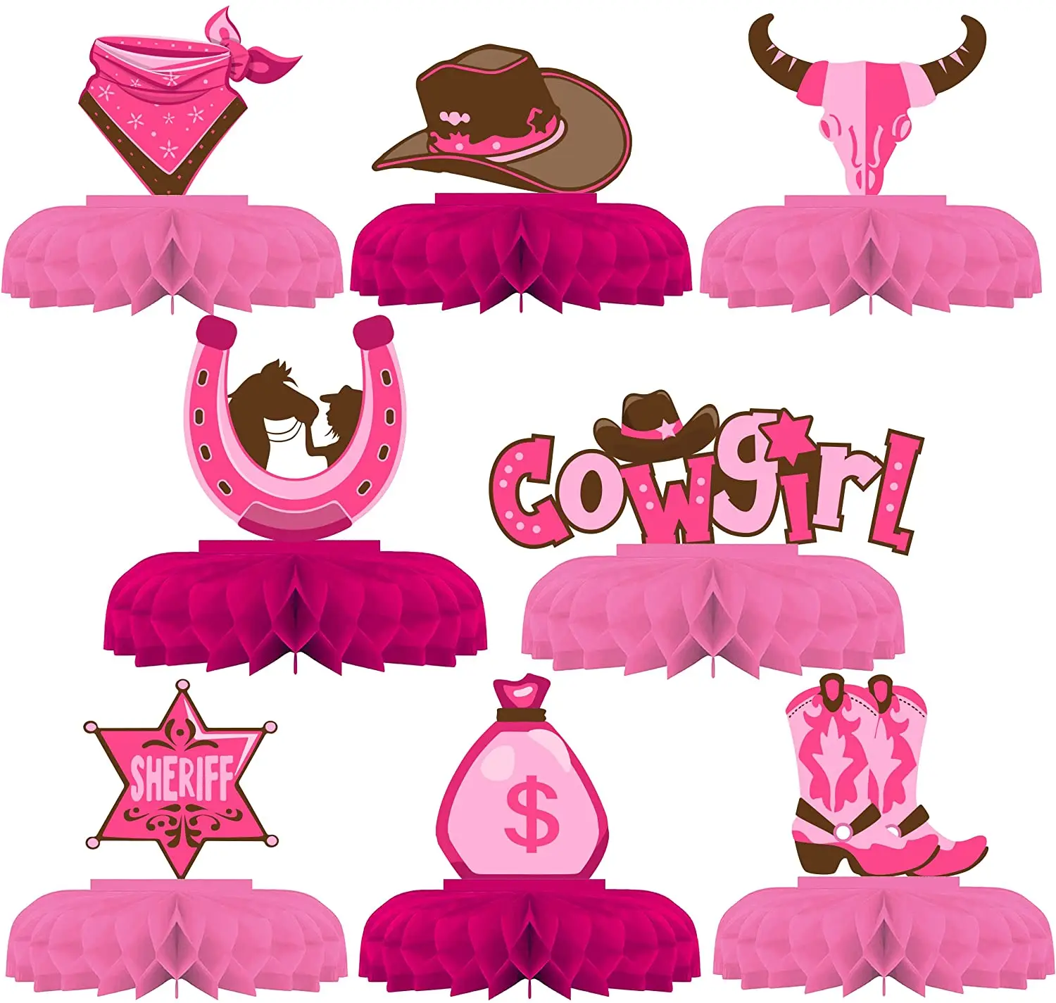 JOYMEMO 8 Pieces Western Cowgirl Themed Honeycomb Centerpieces Pink Cowgirl 3D Table Decorations Girls Birthday Party Supplies