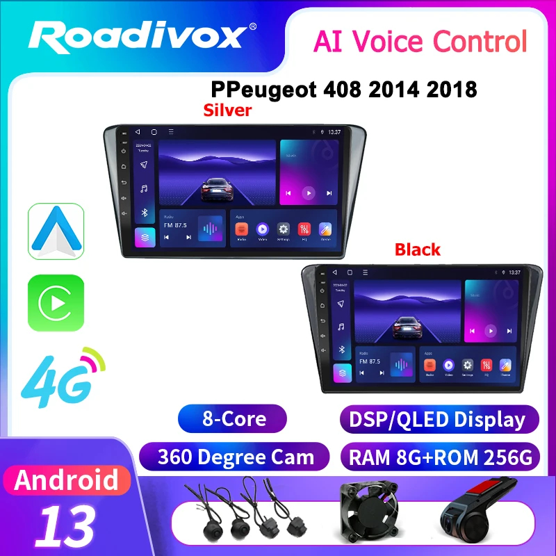 roadivox Android car radio for Peugeot 408 2014 2018 GPS Navigation video stereo Multimedia Player tape recorder carplay