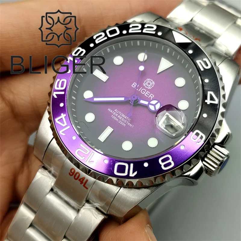 BLIGER 40mm Dive Watch For Men Black Purple Bezel Green Luminous Sapphire Glass Black Chapter Glow Black Purple Dial Waterproof