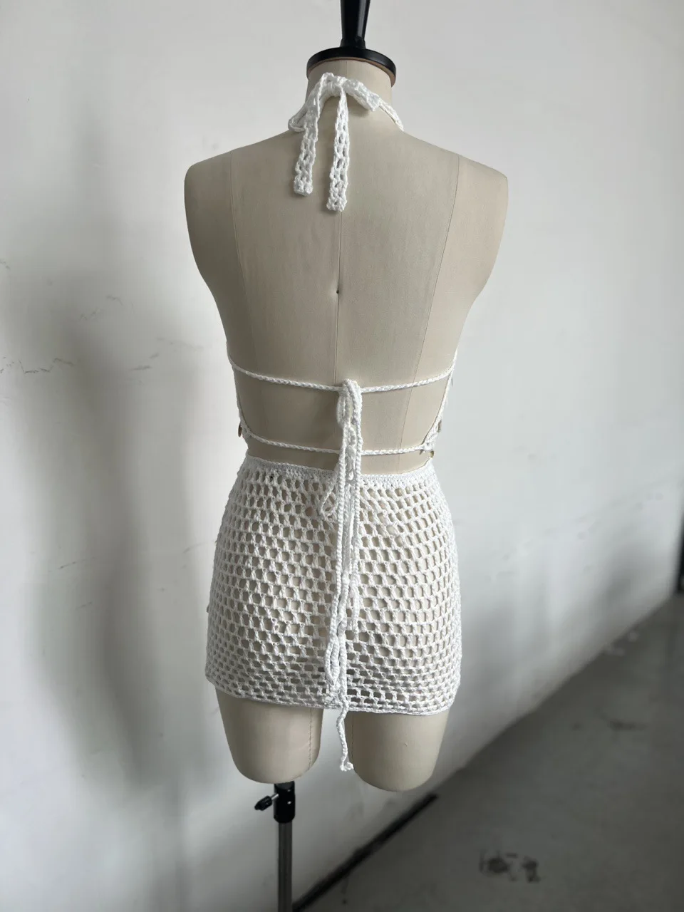 Women 2 Piece Crochet Shell Sequin Set Halter Crop Top & Mini Skirt Boho Beach Vacation Outfit Sexy Party Clubwear