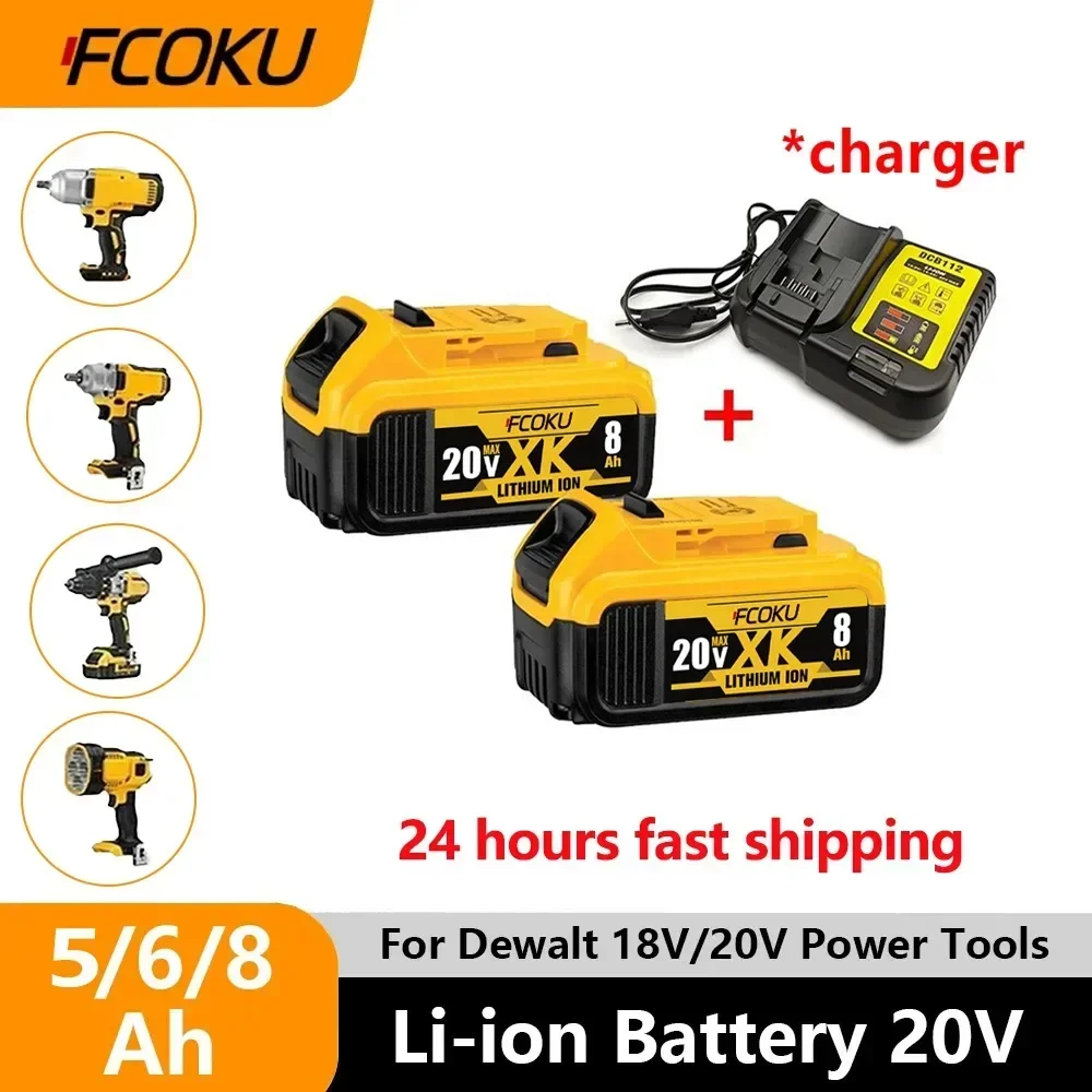 2PCS 20V Replacement Li-ion Battery For DeWalt Electric Tool 18V DCB205 DCB204-2 DCB206 With Charger 5.0Ah/6.0Ah/8.0AhmAh Cell