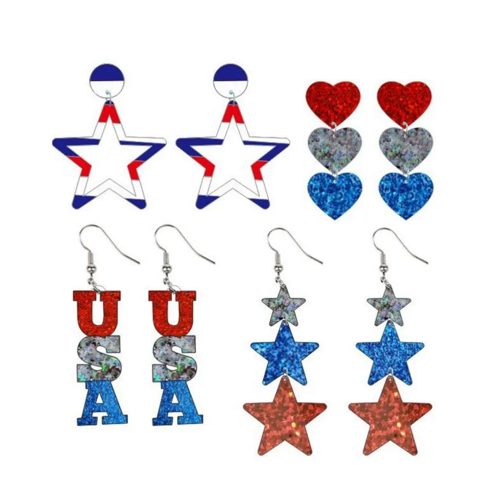 Personalized Exaggerated Independence Day Long Striped Acrylic Heart Pentagram Ear Hook Earrings Suitable for Daily and Gifts