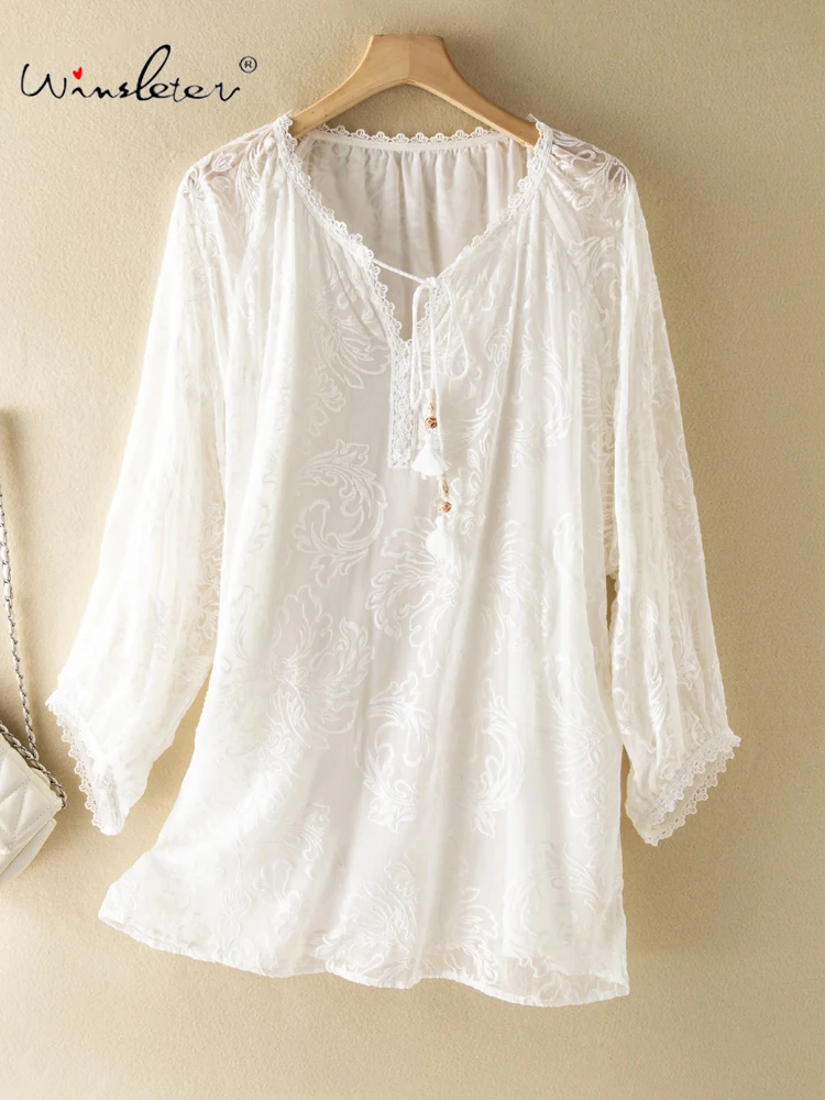 

Элегантная блузка Winsleter из 100% натурального шелка с V-образным вырезом и вышивкой, женская свободная блузка во французском стиле для офиса, защита от солнца, новинка лета 2026, T64170CC