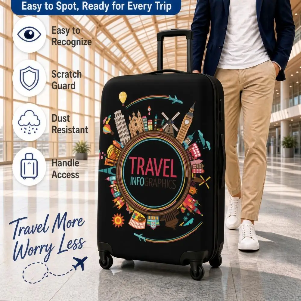 Colorful Circular Landmark Luggage Cover Black Travel Infographics Print Stretch Suitcase Protector