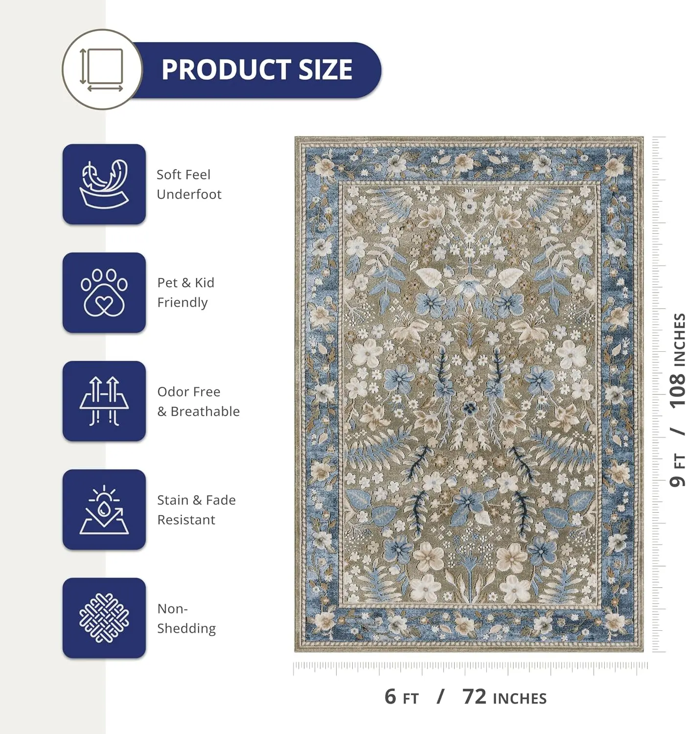 Savoy Area Rug 6' X 9' – Vintage Floral Pattern in Soft Green, Beige & Ivory – Stain-Resistant Polypropylene/Polyester Blend – Pet & Child Friendly