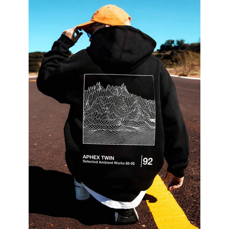 سترة رجالي بغطاء للرأس باللون الأسود Aphex Twin المختارة المحيطة 85 92 نمط مطبوع عالي الجودة من القطن ملابس غير رسمية مهرجان الموسيقى ث #1