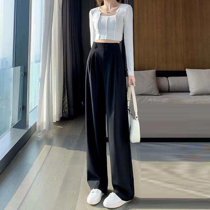 Women Korean Fashion Casual High Waist Wide Leg Suit Pants Female Elegant Solid Straight Trousers 2024 Spring Summer Pantalones