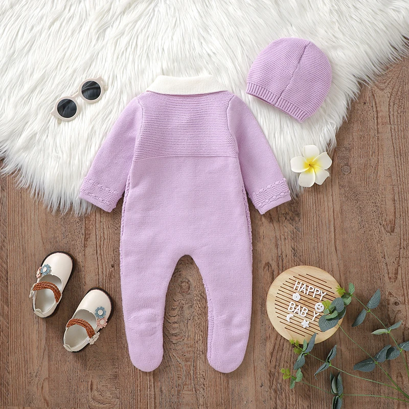 Baby Romper Knit Newborn Girl Jumpsuit Long Sleeve Overalls Pantyhose 2pcs Foot Warp Infant Child Clothes Hat 0-9M Fashion Solid