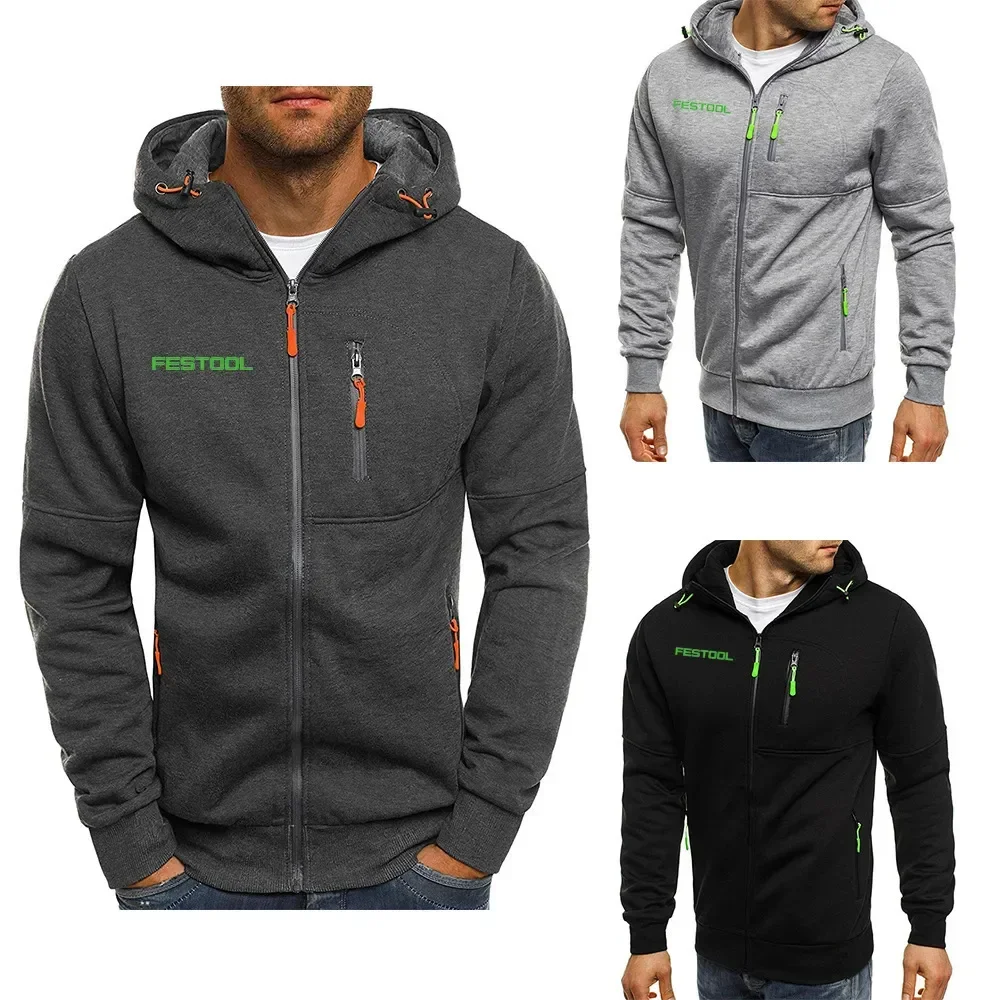 2023 Men's Festool Tools Print Hoodies Fit Hooded Sweatshirt Outwear Warm Coat Jacket Plain Zip Up Casual Comfortable Coat Tops