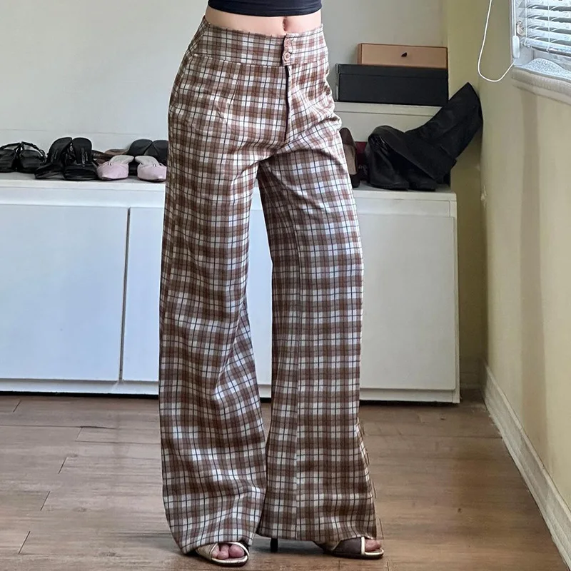 Women's Low Waist Plaid Flared Pants Vintage Y2K Streetwear Slim Fit Comfortable Versatile Casual Daily Trousers