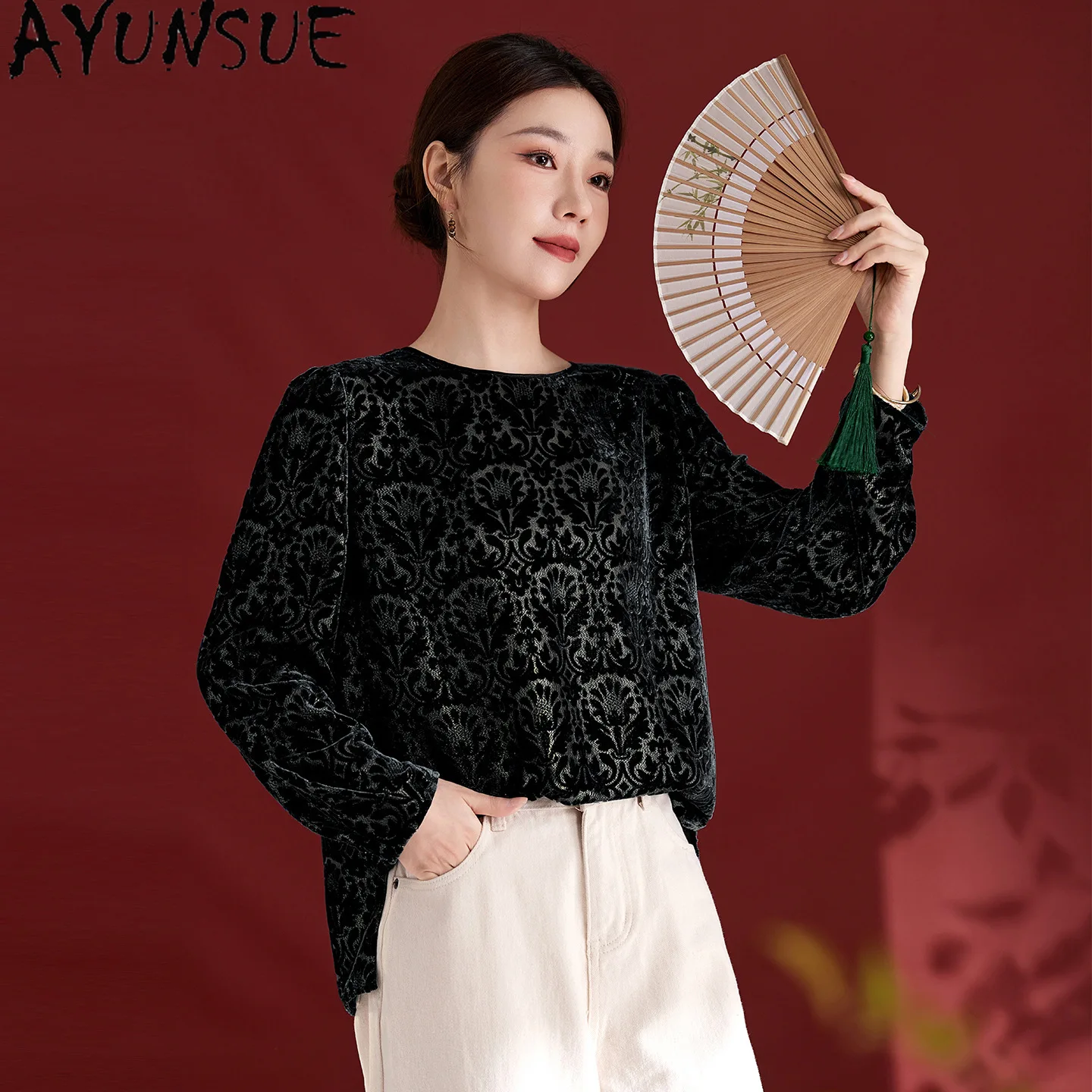 AYUNSUE 64.6% Mulberry Silk Lining Long Sleeve Tops Autumn Silk Velvet Chinese Style Jacquard Woman Tops 2026 New Tops De Mujer