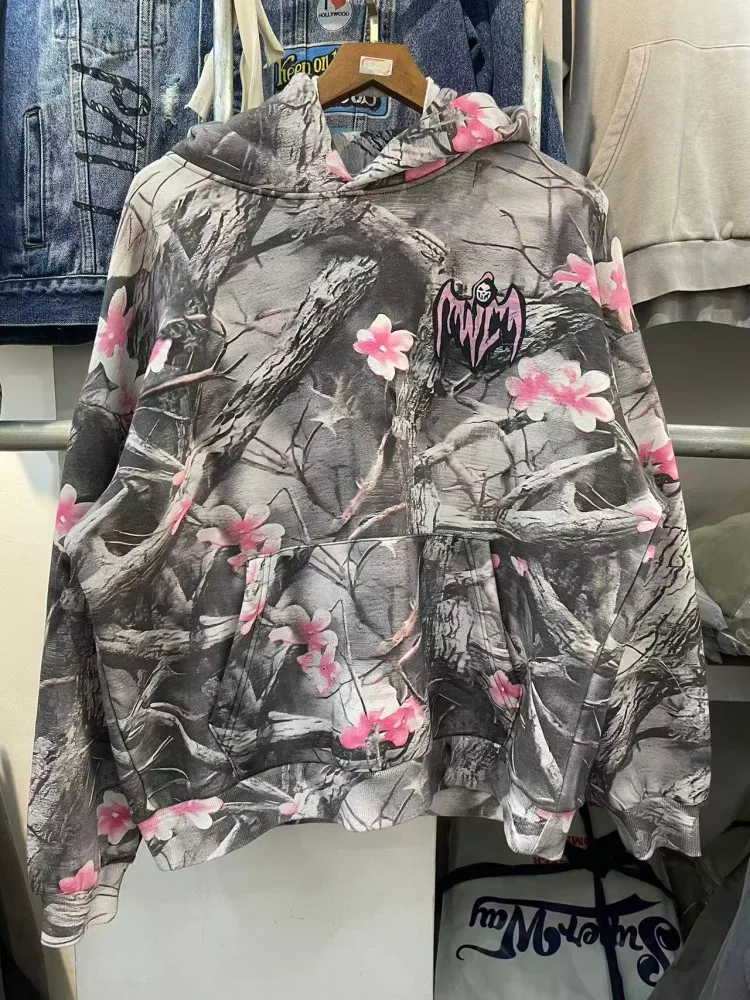 

Retro American High Street Plum Tree Pattern Printed Hoodie Men's Loose Casual Fce Lined Jaet Autumn Winter Streetwear