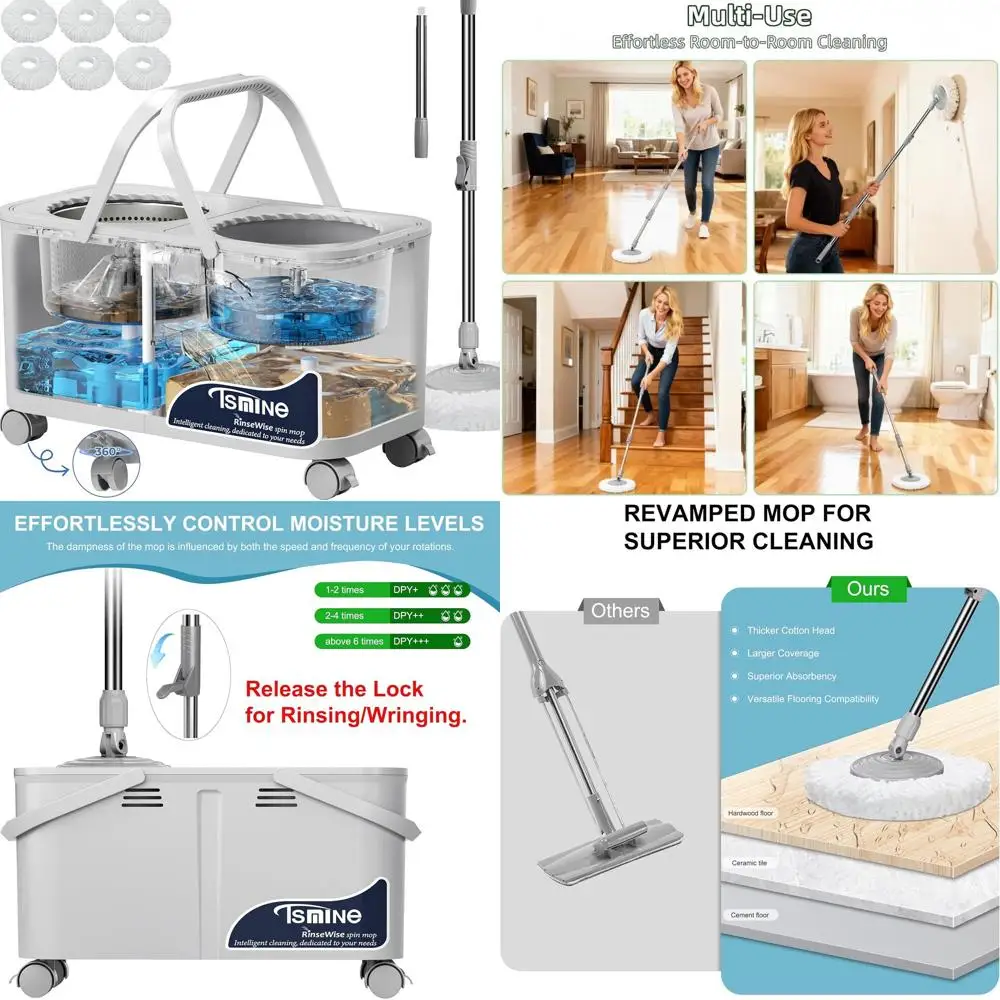 

Compact 360° Swivel Mop & Bucket Set for Small Spaces, Dual Water Tanks, 61 Handle, 6 Microfiber Pads - Grey