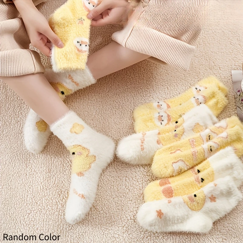 Cute Warm Fluffy Sleep Floor Socks for Autumn Winter Women Random Color Cartoon Duck Design Wear