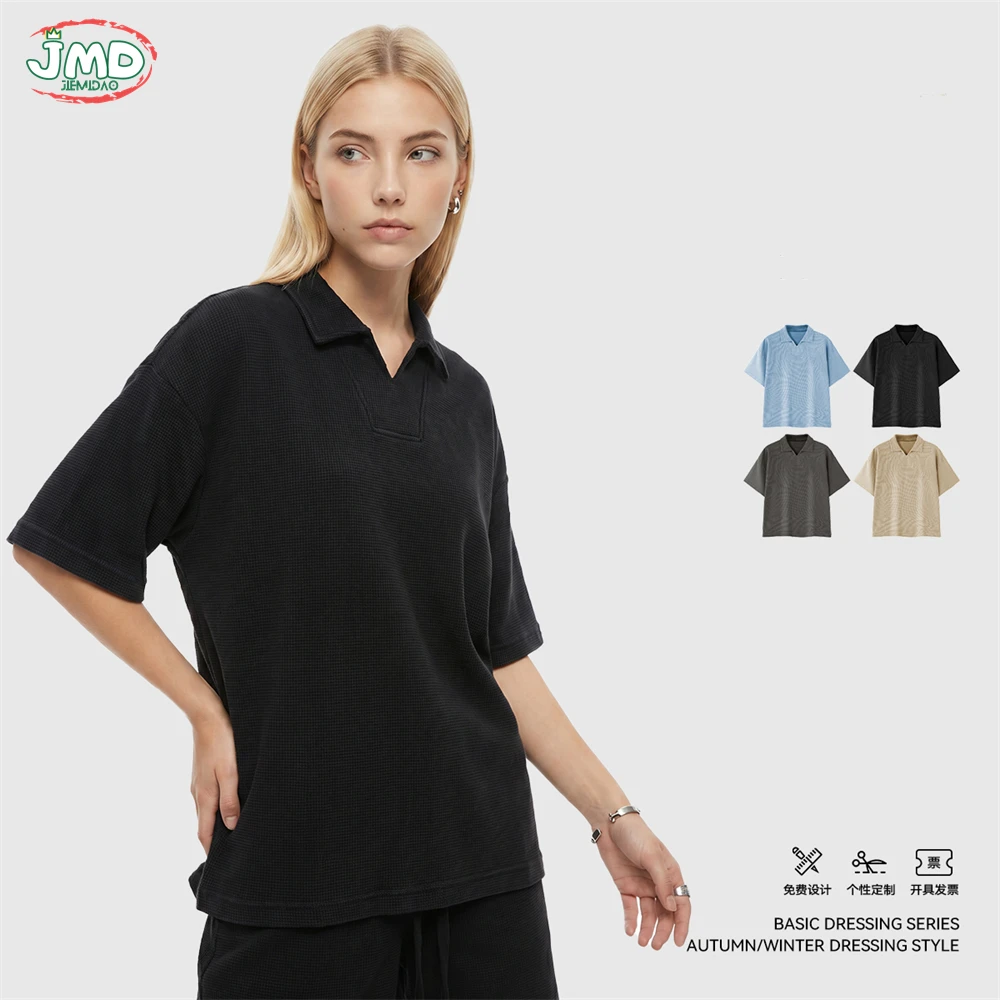 JMD Retro 290gsm Washed Waffle Polo T Shirt For Man Unisex High Street Turn Down Collar V Neck Solid T-Shirts Streetwears QH0091