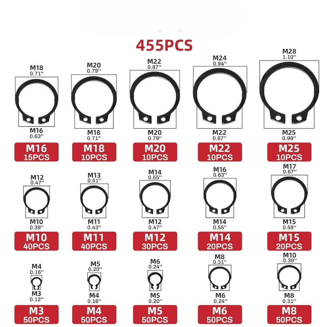 455 Pieces M3-M25 Carbon Steel Black 65mn Shaft Bearing Fixed Clamp Retainer C Type Wild Card Spring Combination Kit