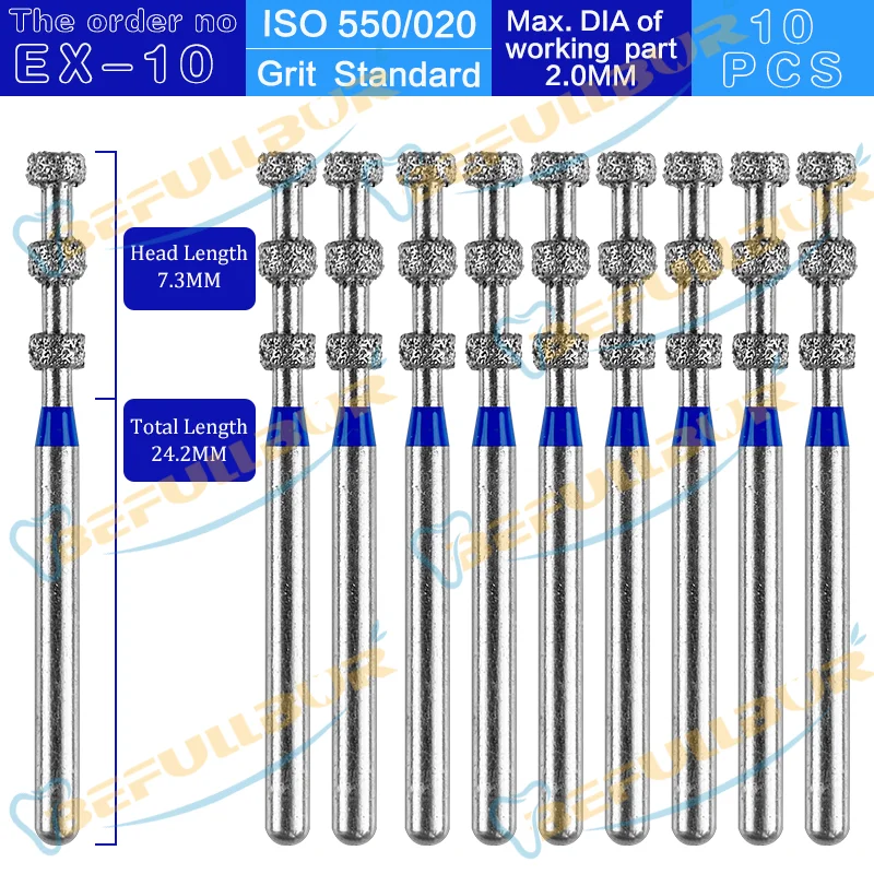 BEFULL 10PCS EX Tpye Dental Diamond Burs Polishing Teeth Stainless Steel for High Speed Handpiece  Dentistry Nail Polishing