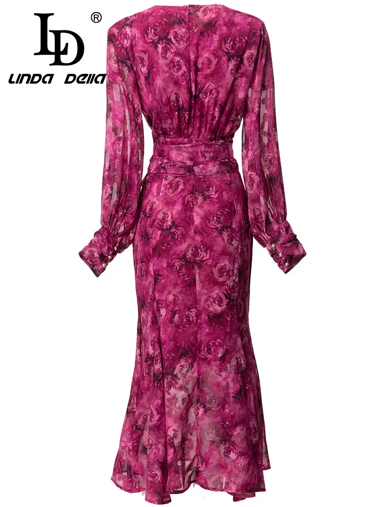 

LD LINDA DELLA Fashion Runway Summer Dress Women V Neck Tie-belted Lantern Sleeve Mermaid FLowers Print Elegant Midi dress