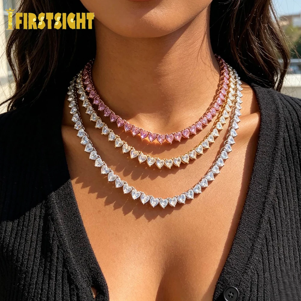 Iced Out Bling CZ Zircon 6mm Tennis Chain Heart Charm Necklace Gold Silver Color CZ Hearts Choker Women Hip Hop Fashion Jewelry