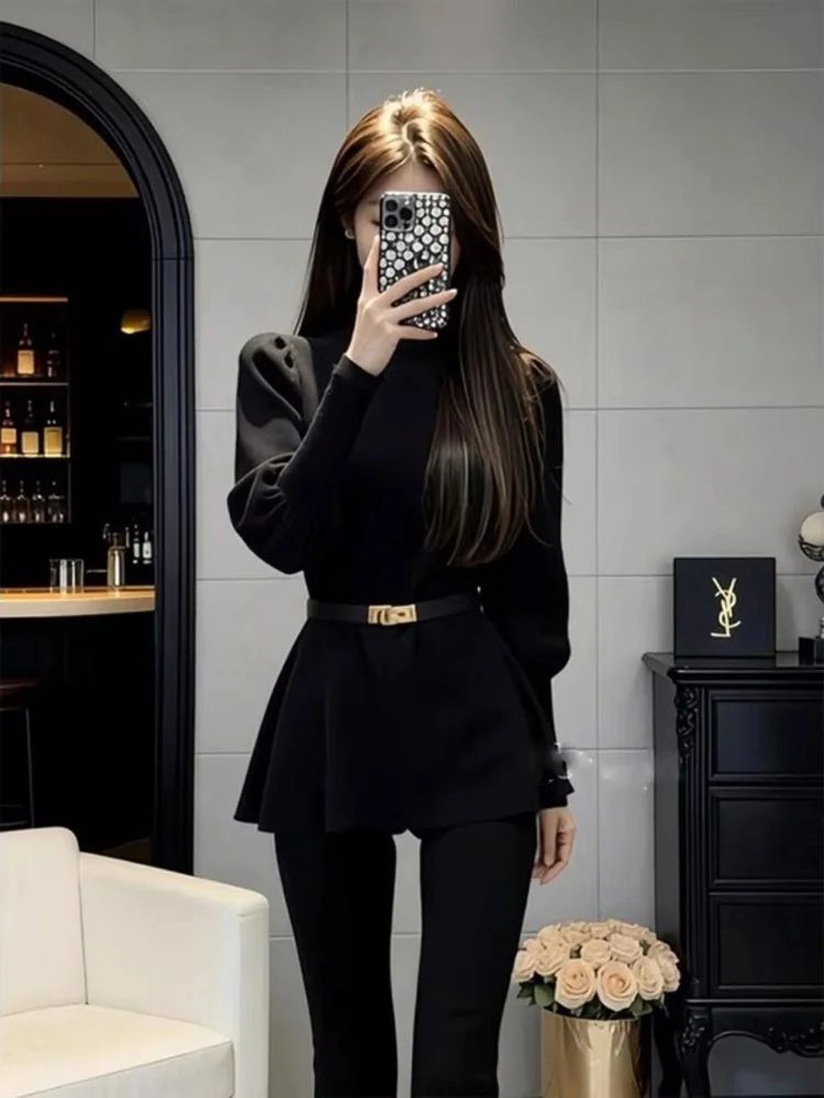 

Ele Slimming High Ne Knitwear Women's Long Sve Soft Fabric Bla Lantern Sve Top Commute Sle Autumn Winter