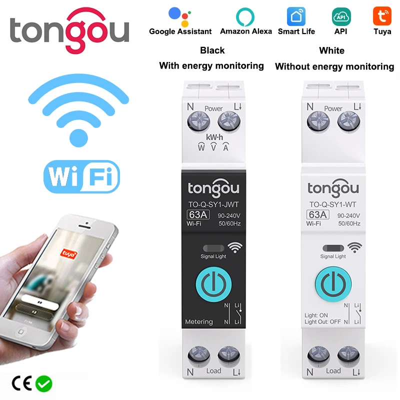 מפסק חשמל חכם TUYA WIFI עם מד אנרגיה 1P 16A לתלייה על פס DIN לבית חכם, שליטה מרחוק אלחוטית באמצעות אפליקציית TONGOU