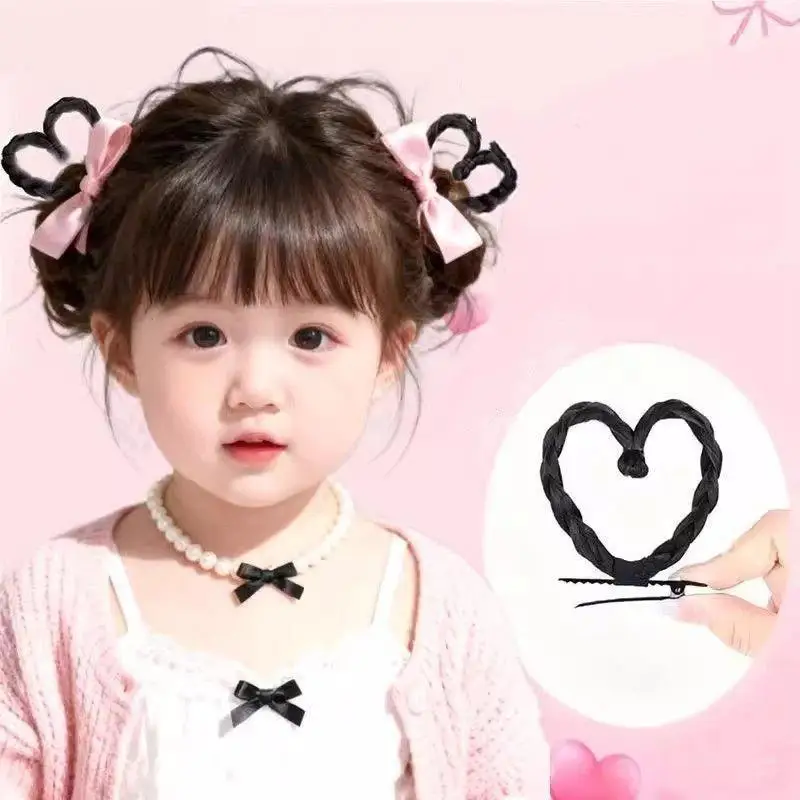 1/2PCS Cute Heart-Shaped Hair Clip Twisted Braided Style Children's Wig Braid Love Hair Clip Synthetic Double Ponytail Clip